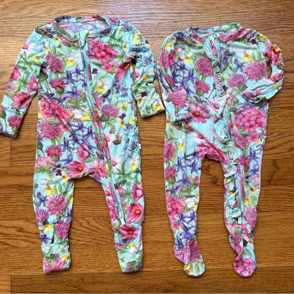 2 Posh Peanut floral ruffle footie sleepers NB and 0-3 mos